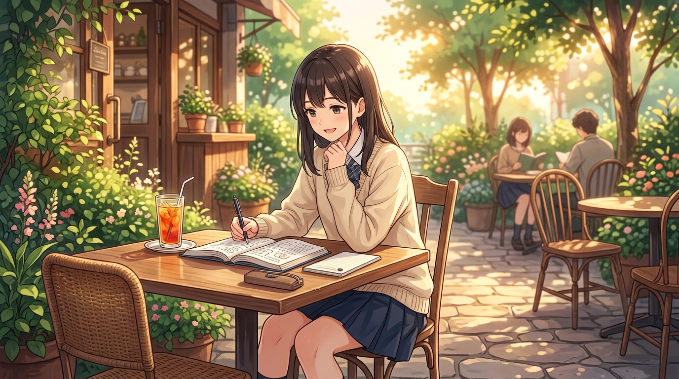 一夜漬けの焦りから解放され穏やかなテラス席で落ち着いて読書する生徒