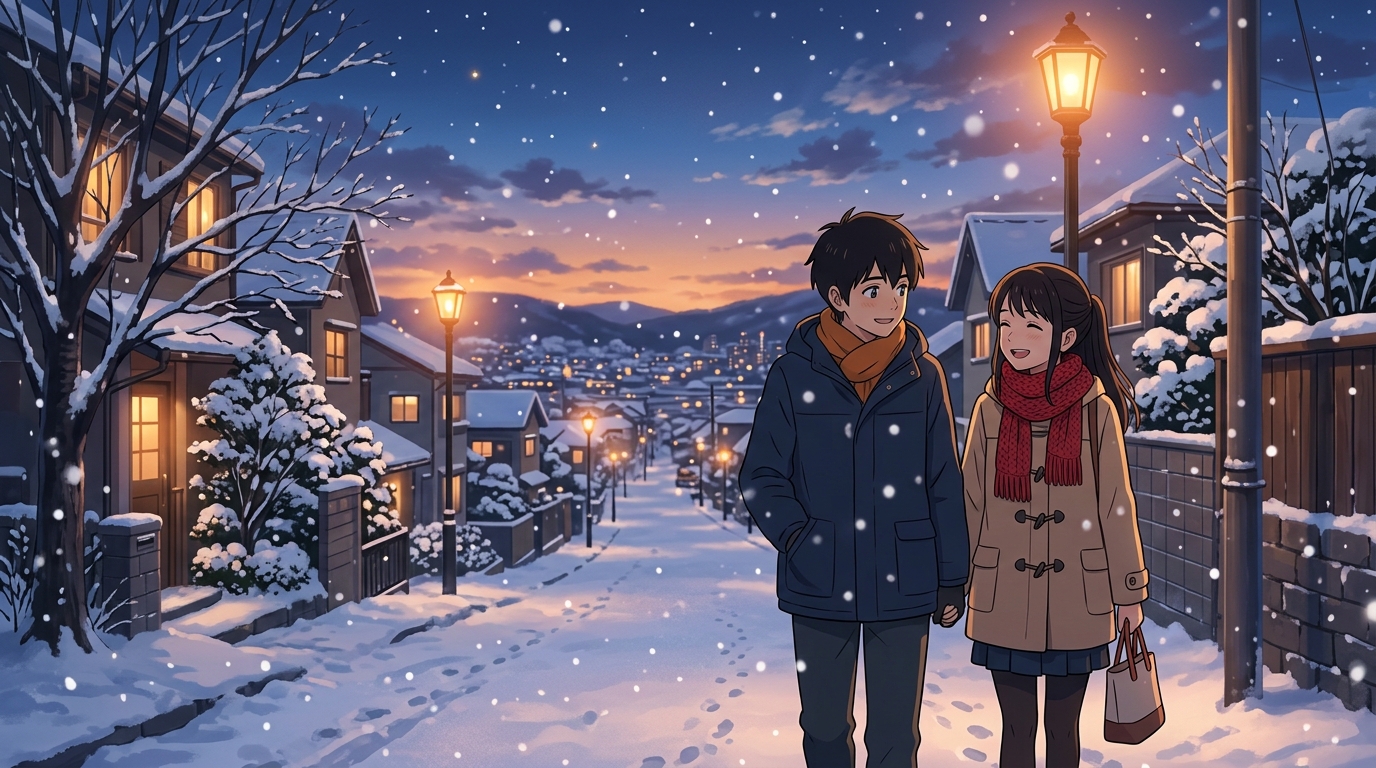 夕暮れ時の下校路で温かいマフラーを巻きながら笑顔で言葉を交わす二人の後ろ姿