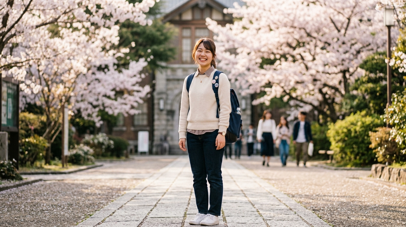 春の桜が美しく咲き誇る大学キャンパスで笑顔で前を向いて歩く新入生の晴れやかな姿