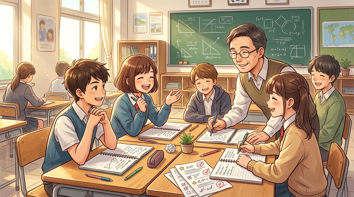 教室で生徒たちが自信を持って学習に取り組む情景イラスト