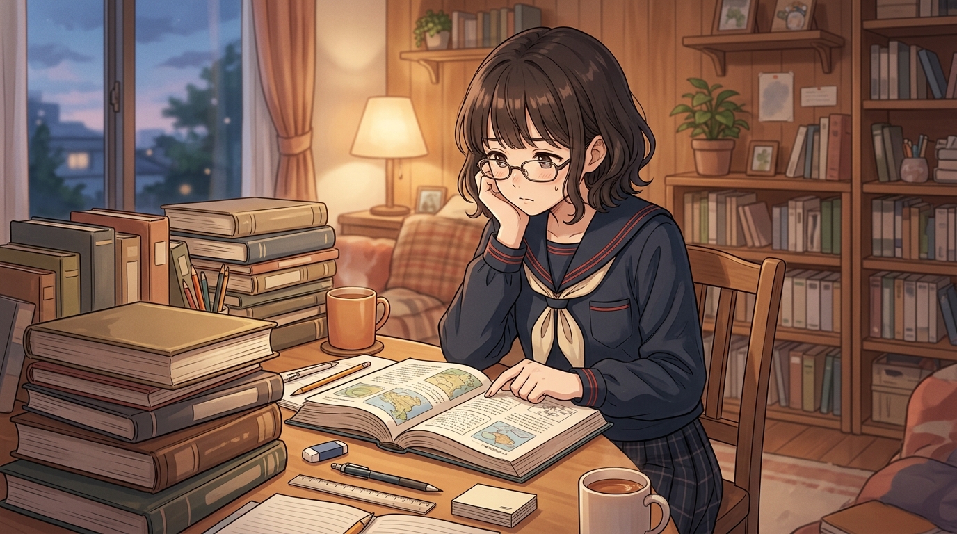 教科書を前に勉強法に悩む学生のイラスト