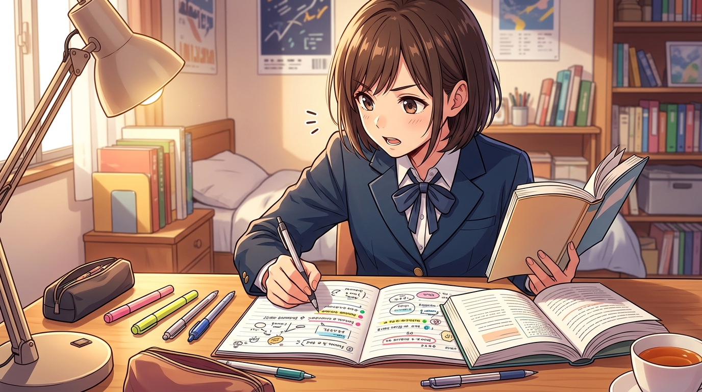 ノートに要約をまとめながら声に出して確認する学生のイラスト