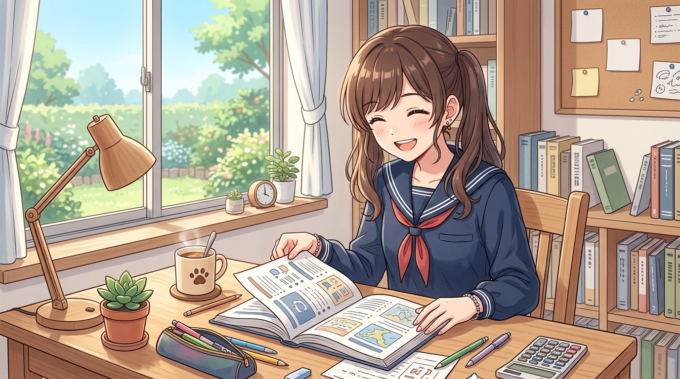 目次や章立てを俯瞰して見通しを立てる学生のイラスト