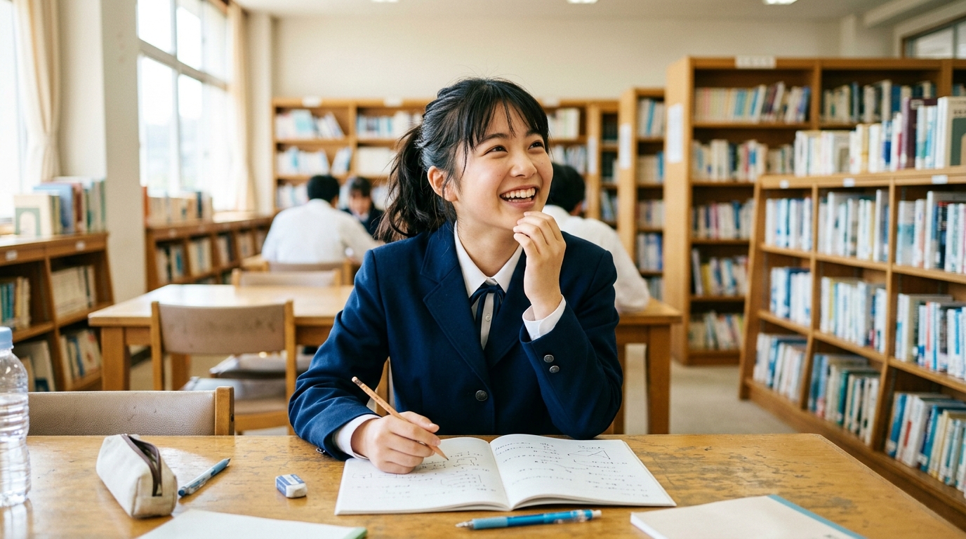古文の識別のコツを掴んで理解の笑顔を見せる生徒