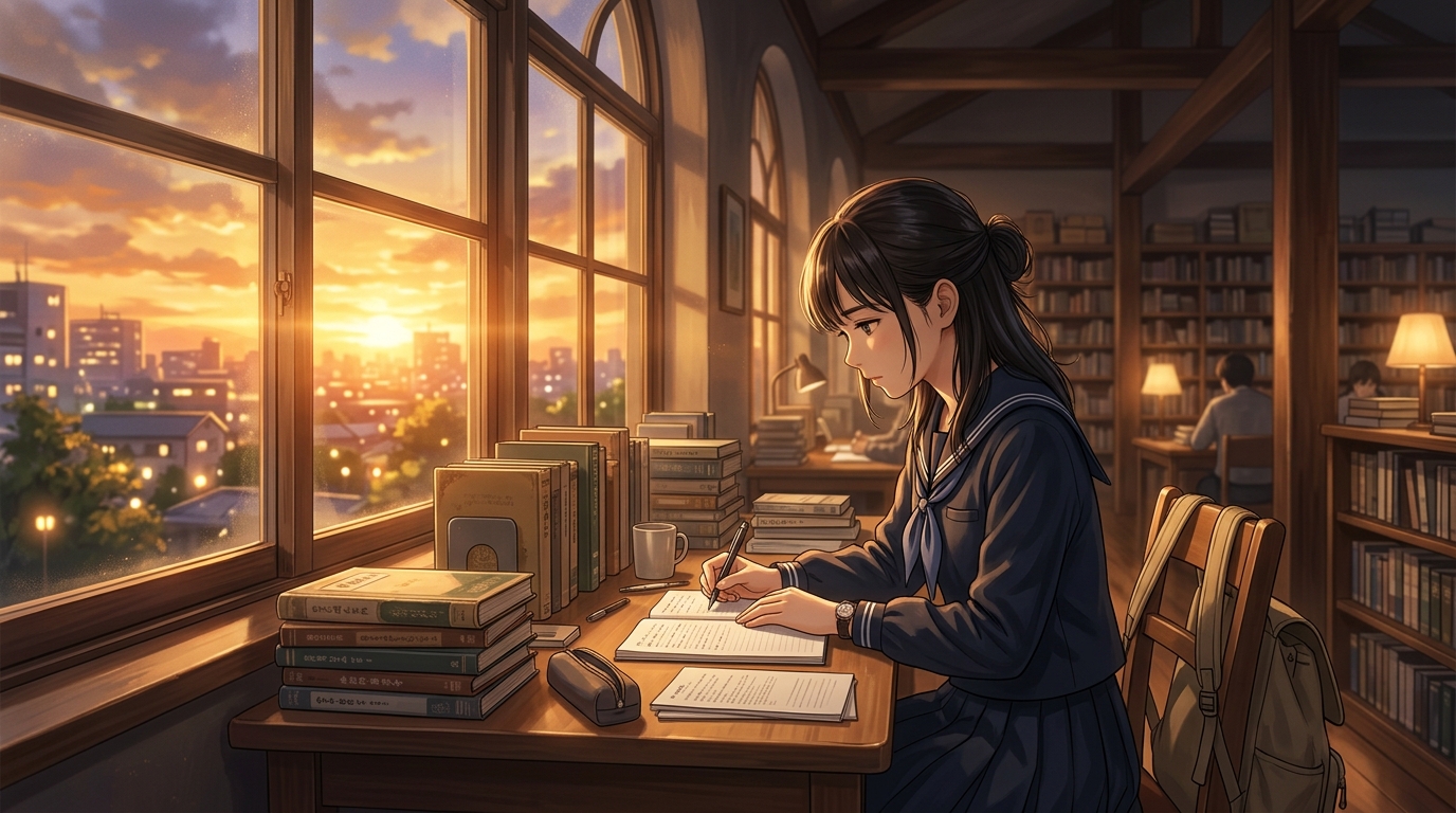 夕暮れの光が差し込む静かな図書館で将来の志望校合格を見据えて学習する高校生