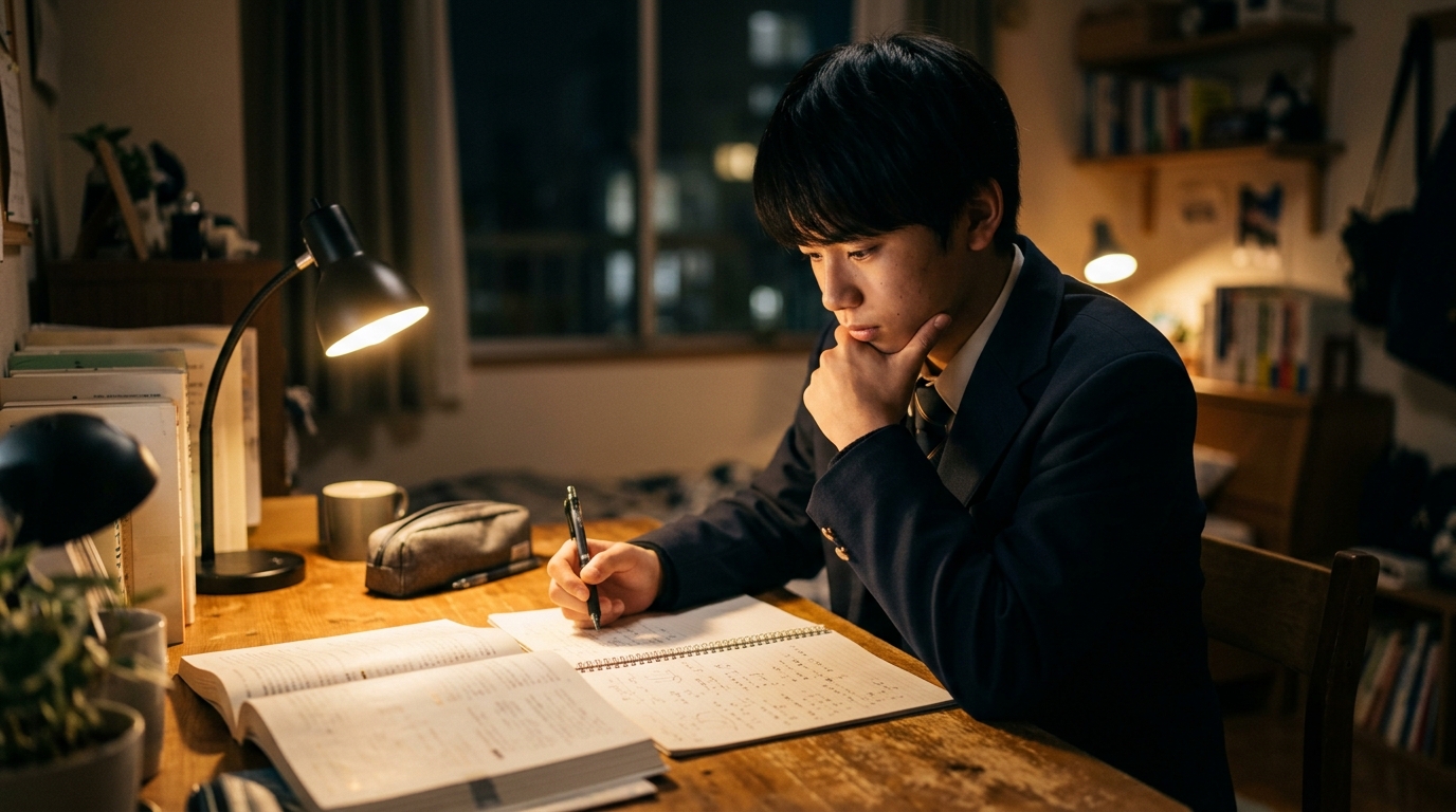 夜の自習机でノートに向き合い深く思考を巡らせる高校生