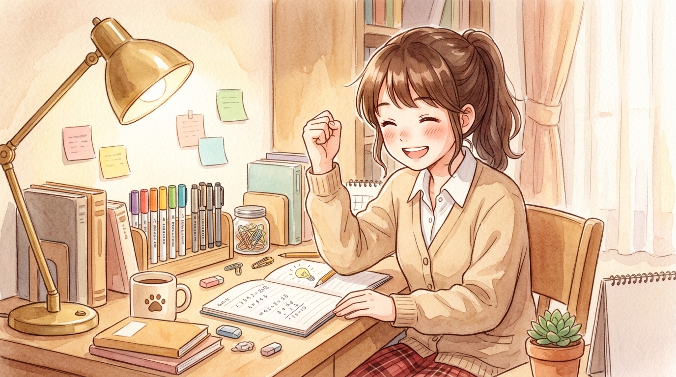 勉強机で小さくガッツポーズをして達成感と自己肯定感に満ちた女子高校生
