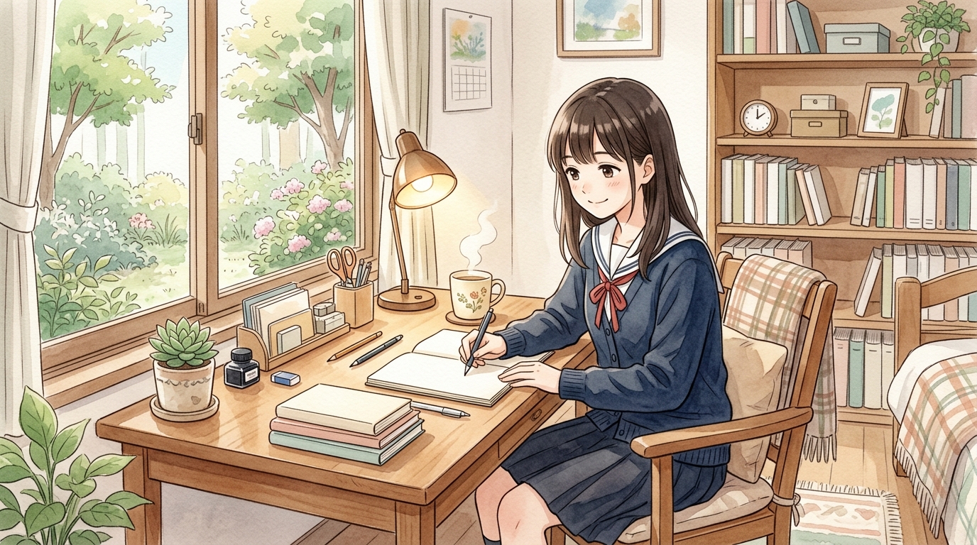 温かいデスクライトと観葉植物に囲まれた居心地の良い学習机で快適に学ぶ女子高校生