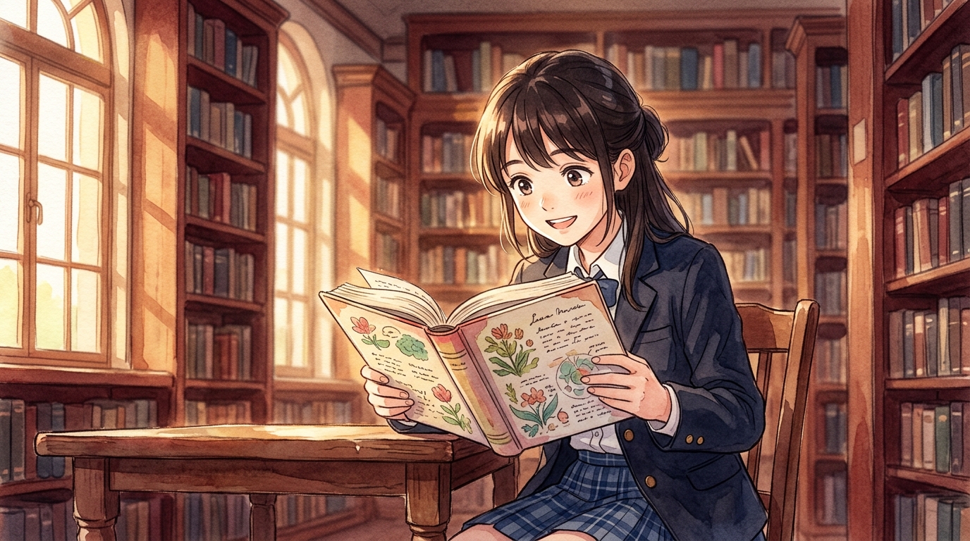 図書館で本を開き新しい発見に瞳を輝かせる女子高校生の水彩イラスト