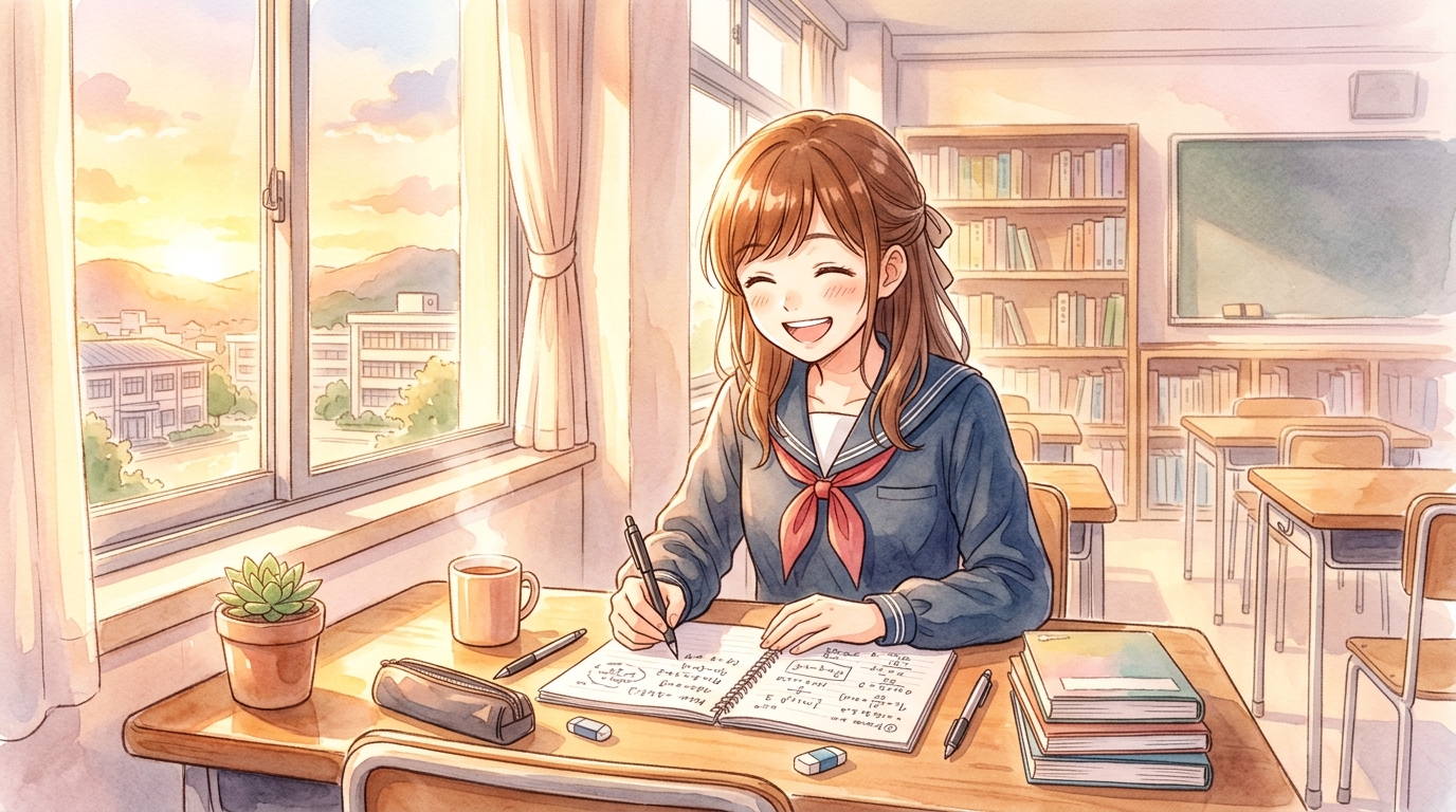 夕暮れの教室で問題が解けた喜びに満面の笑みを浮かべる女子高校生の情景