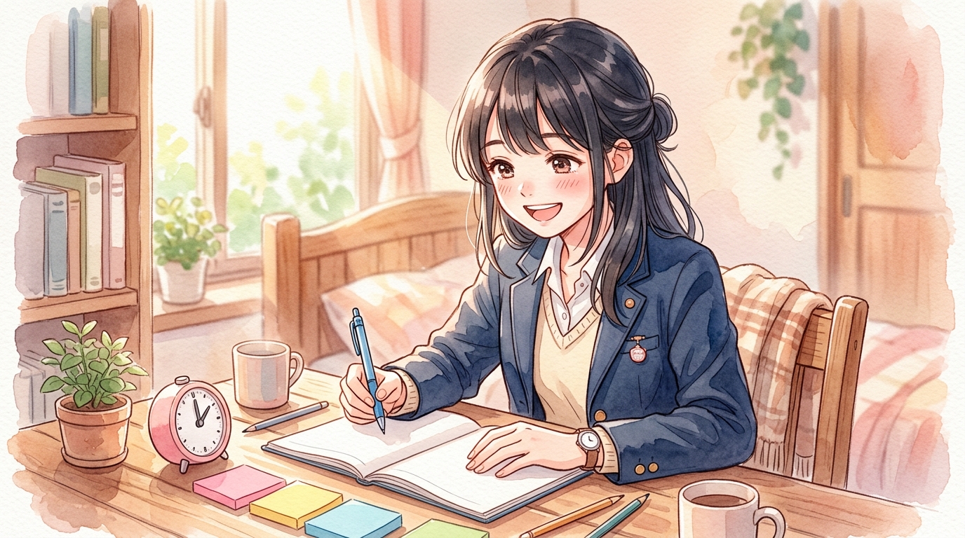 タイマーや付箋を活用して冒険ゲームのように楽しく学習計画を立てる女子高校生