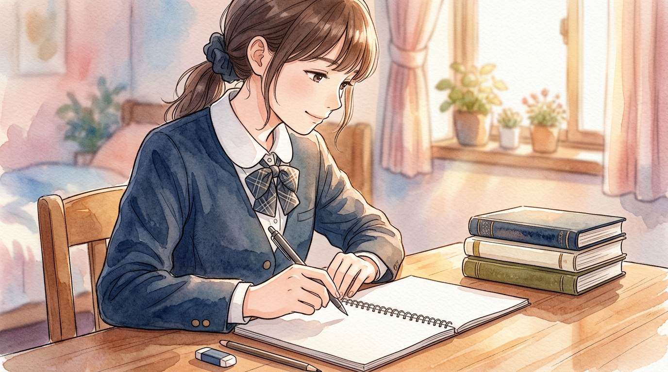 ノートに1問ずつ丁寧に書き進め着実にステップアップしていく女子高校生の手元