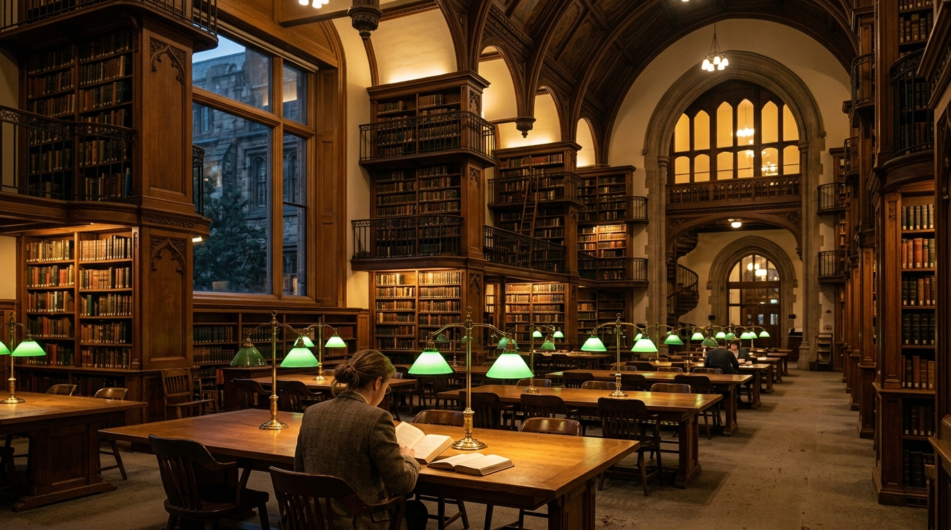 歴史ある大学図書館の本棚と知の体系化を象徴する静謐な空間