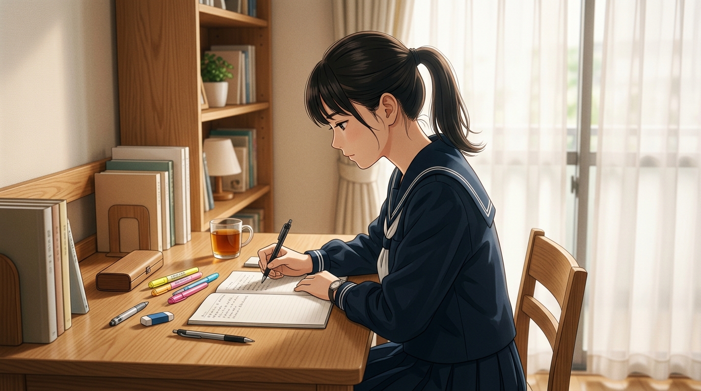 柔らかな自然光のもとで深い集中状態に入り勉強に没頭する生徒の横顔