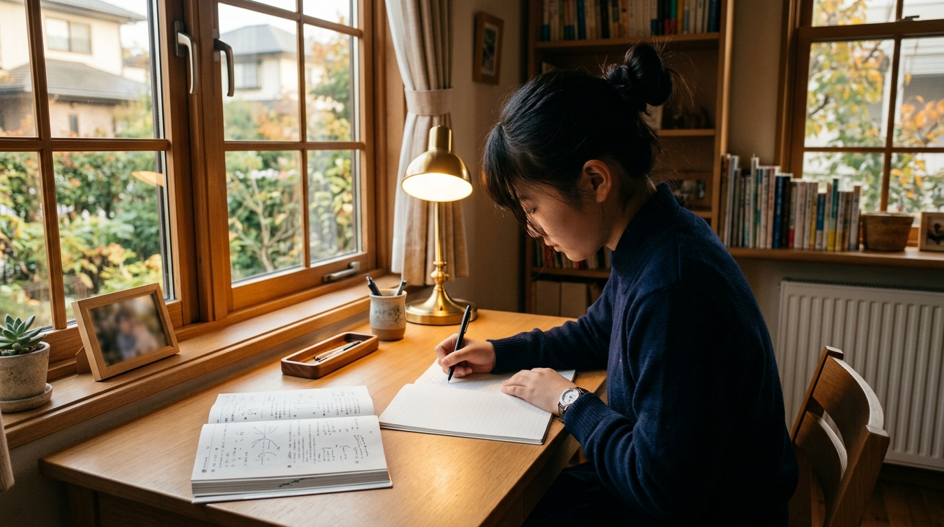 午後の柔らかな光が差し込む自室の机で自分の学力レベルに合った参考書を開いて勉強する高校生