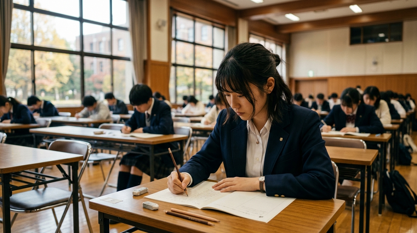 大学受験の一般入試会場で真剣に筆記試験に取り組む受験生