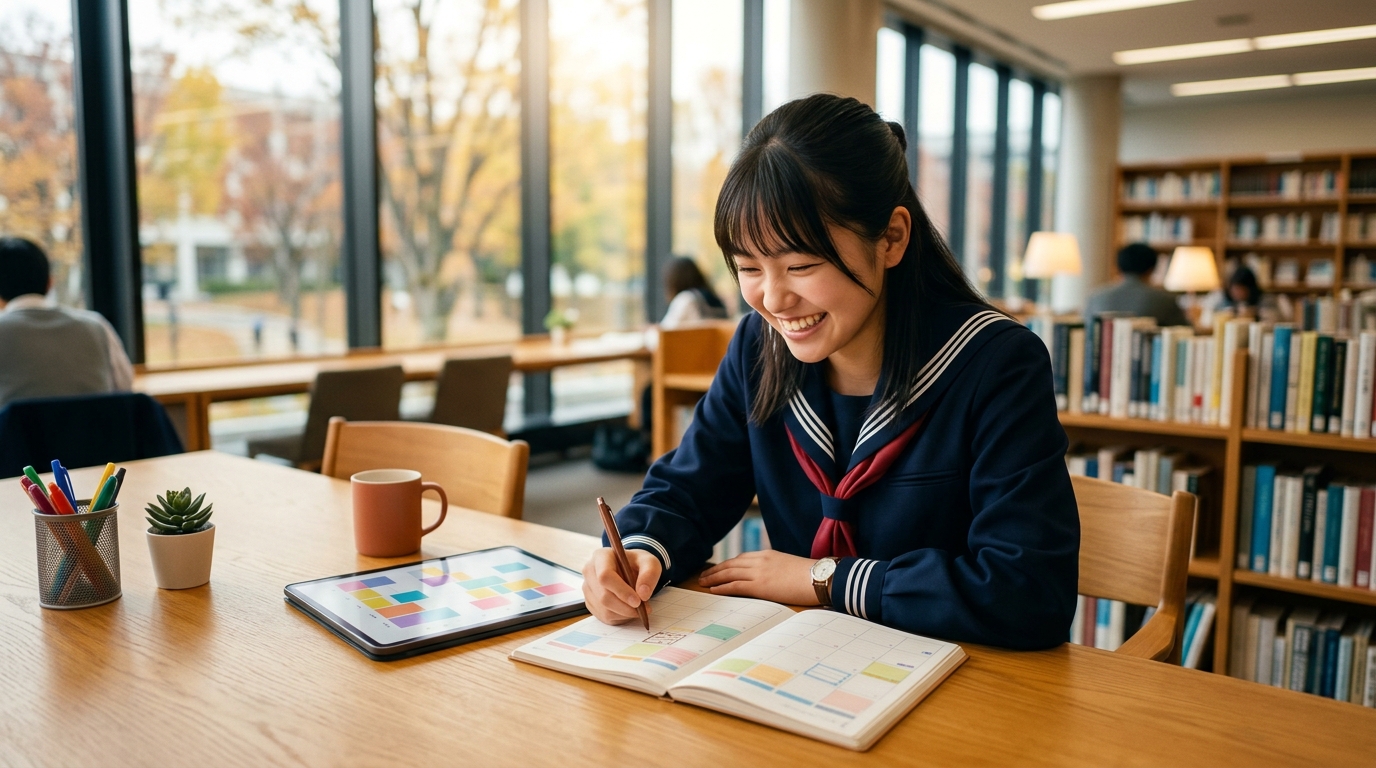 明るい自習室でタブレットと手帳を開き勉強計画を立てる高校生