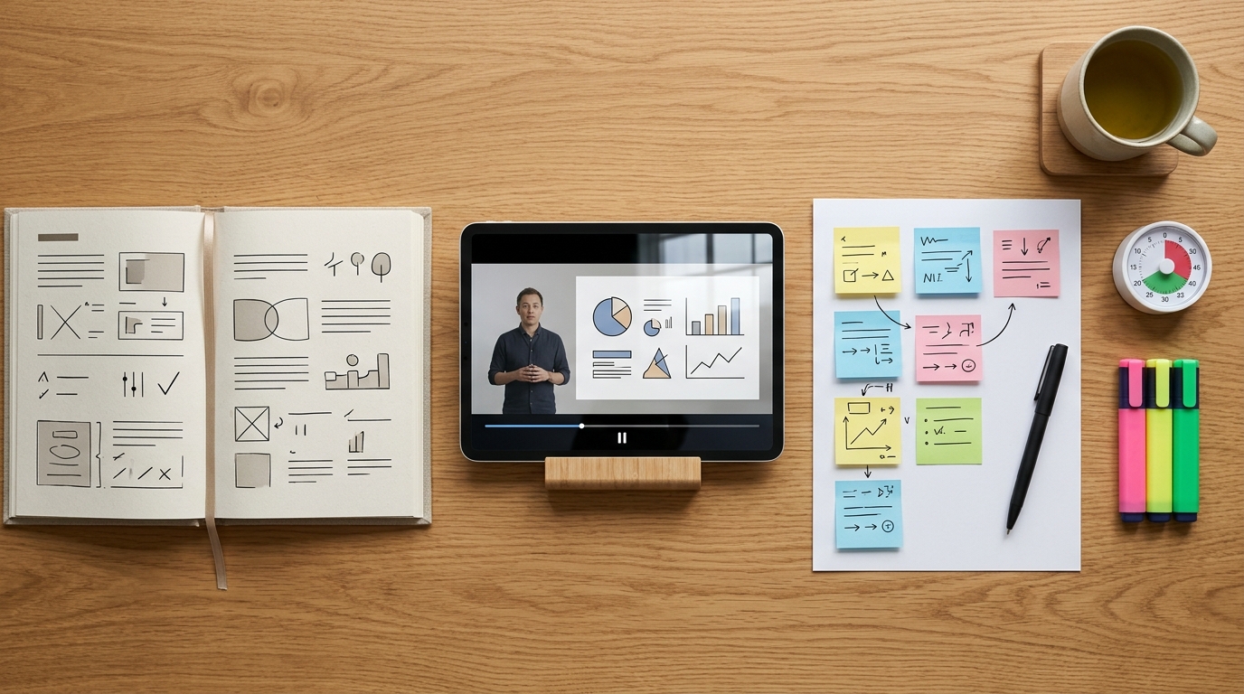 予習用テキストと講義タブレットと復習用白紙シートが並ぶ効率的な学習机