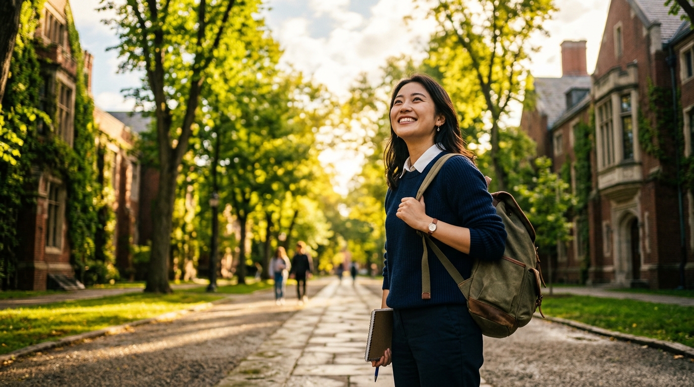 朝の光が差し込む大学キャンパスの並木道で希望と達成感に満ちた笑顔の学生