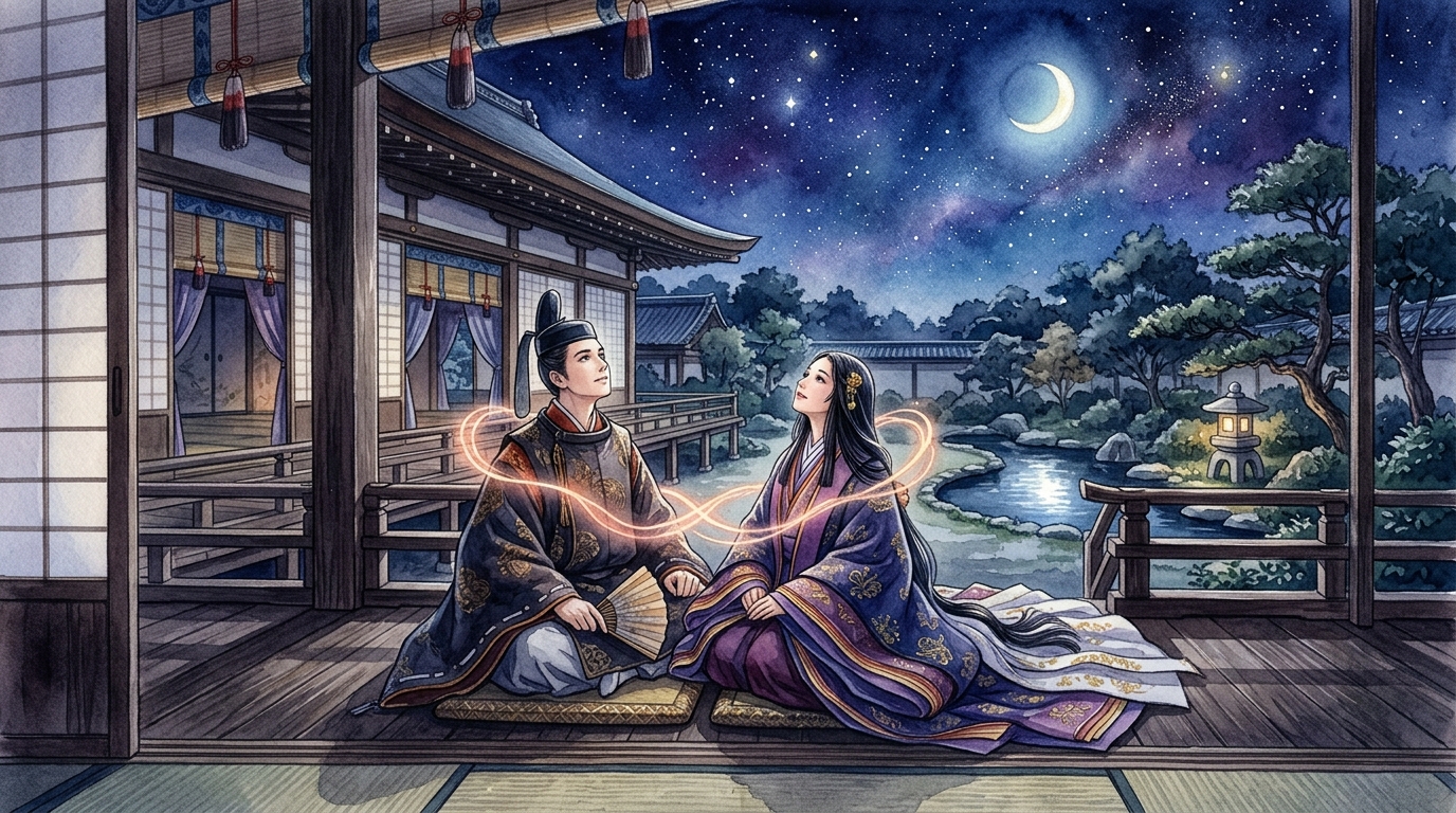 星空と庭園を眺める平安貴族の男女と前世からの因縁や宿世の契りを象徴する金色の光
