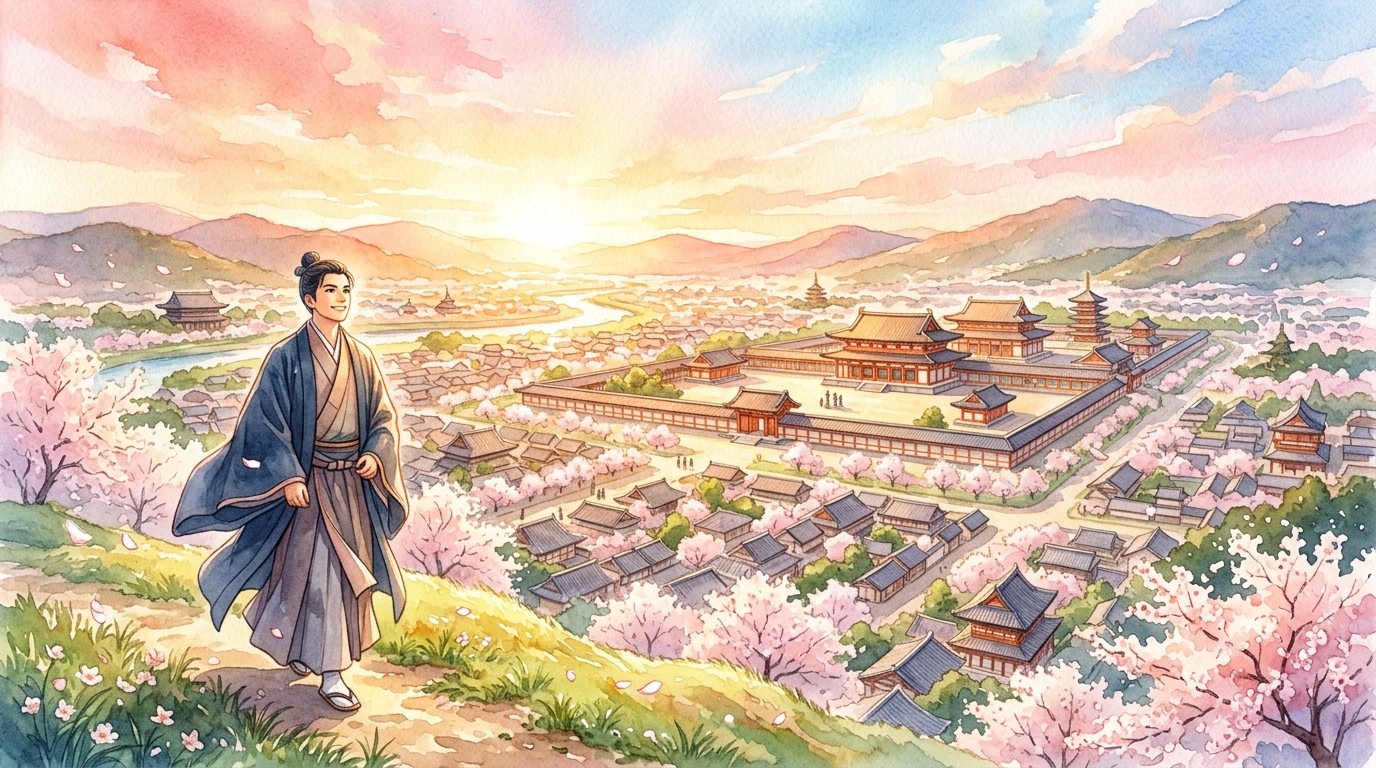 図4: 朝日に照らされ満開の桜が咲き誇る平安京の宮殿と希望に満ちて歩き出す貴族の後ろ姿