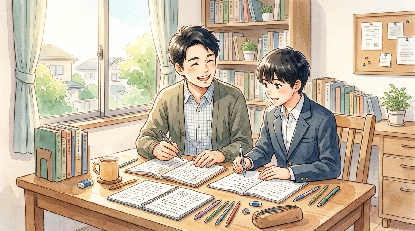 図3: 机の上に古典ノートを広げてたく先生の指導のもと真剣に古文単語を学ぶ高校生の風景