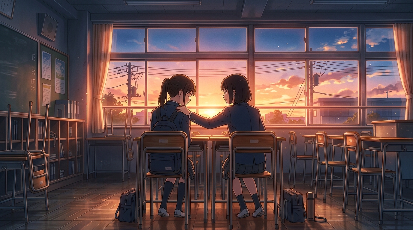 夕暮れの教室で窓の外を見つめながら静かに寄り添う二人の学生の後ろ姿