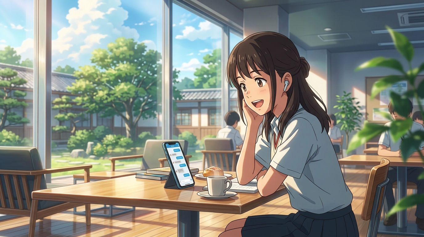 カフェスペースで楽しそうにスマホ英会話アプリに向き合う女子生徒