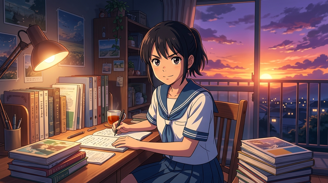 夕暮れの学習机で目標大学の合格を見据えて自信を持ってペンを握る女子高校生