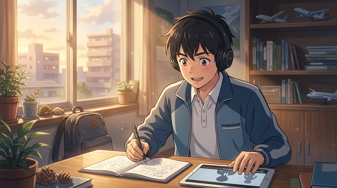 ヘッドホンをつけてタブレット講義を聴きながら笑顔でノートを取る男子生徒