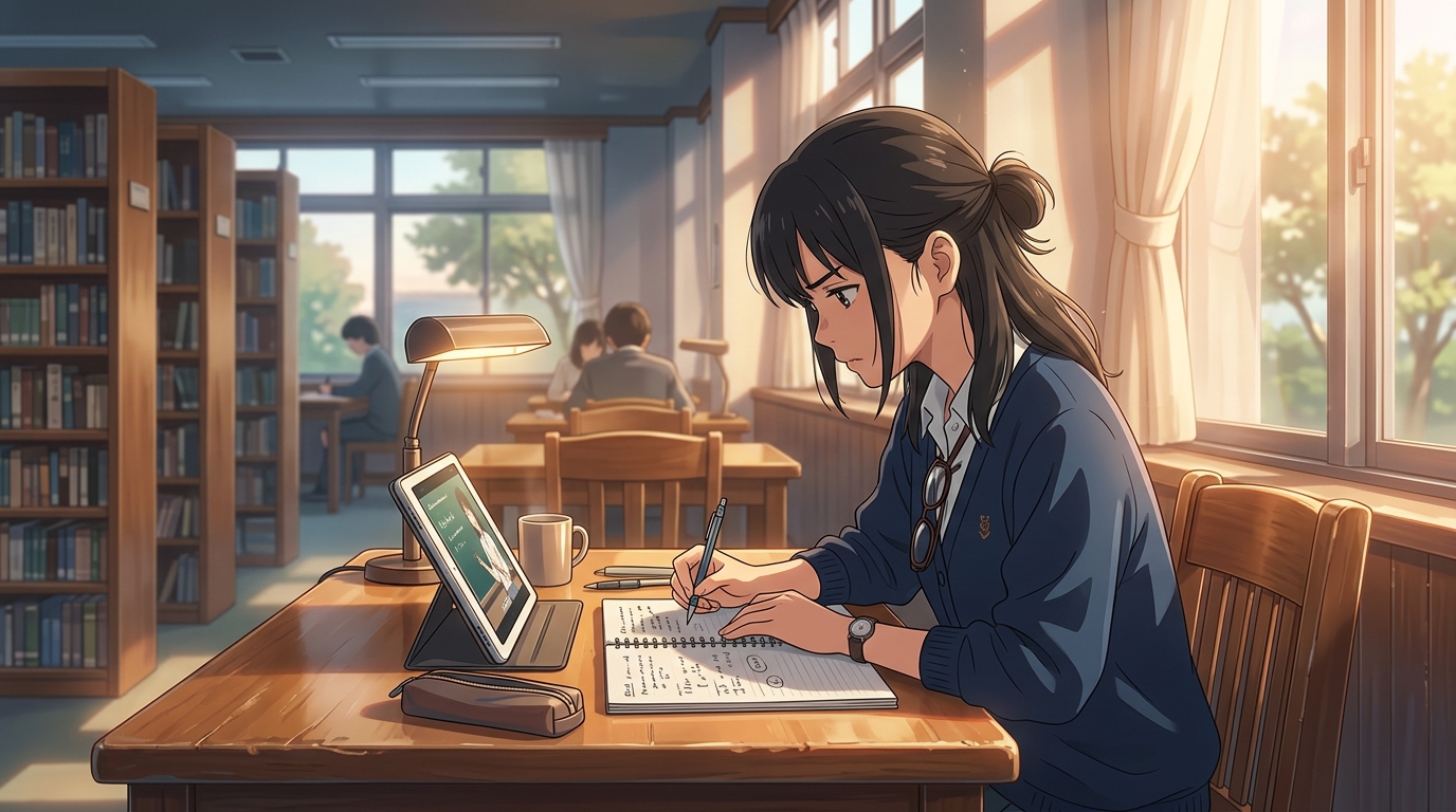 自習室の机でタブレットのTOEIC講義動画に集中して学ぶ女子高校生