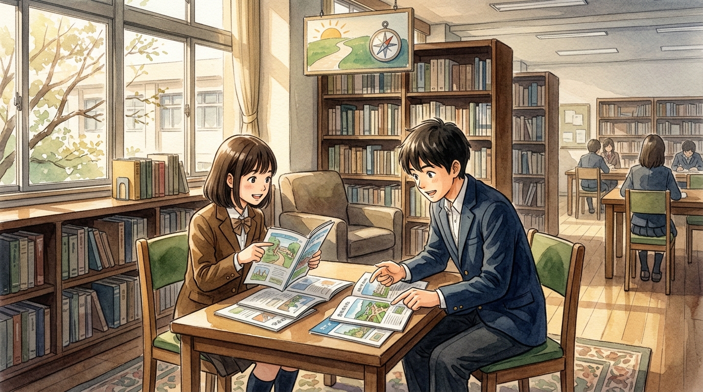 高校の図書室で進路資料を調べながら将来を語り合う生徒たち