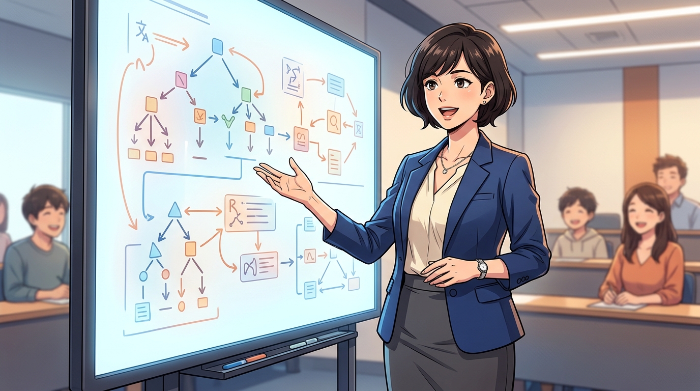 明るいスタジオで知的な女性講師が漢文の構文を分かりやすく解説するイメージ