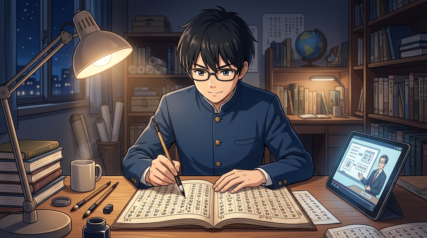 デスクライトの下で集中して漢文の返り点や訓読演習に取り組む高校生のイメージ