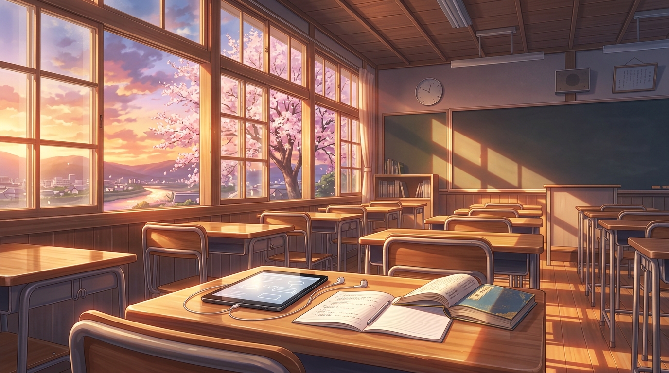 放課後の教室で夕日と桜を背景にタブレットと古文ノートを広げて学習するイメージ