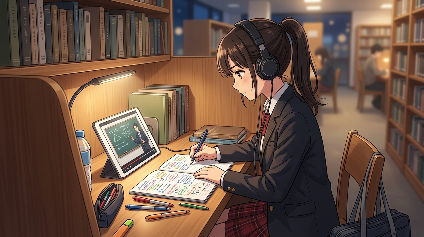 自習室で集中してタブレット講義を視聴しながらノートを取る高校生のイメージ