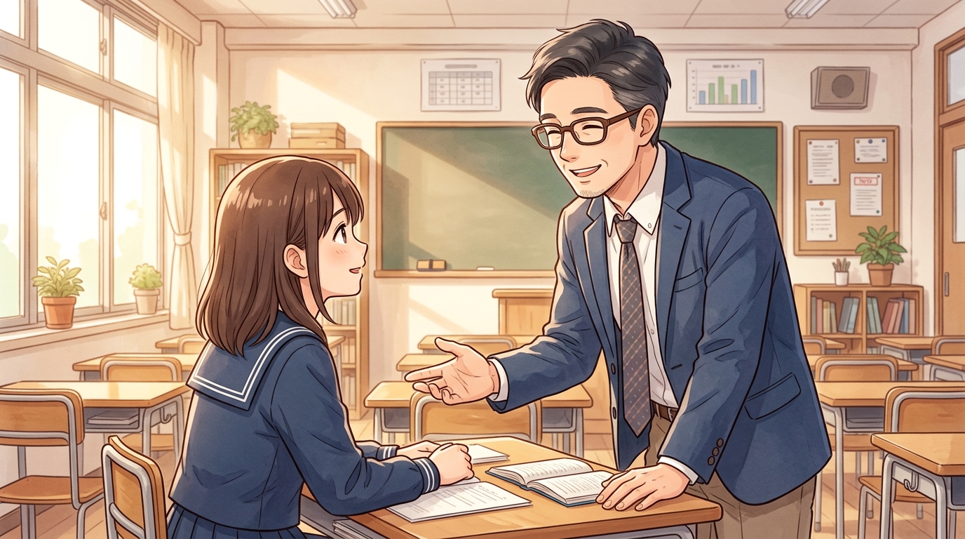 放課後の教室で生徒に温かくアドバイスする国語教師たく先生のイメージ
