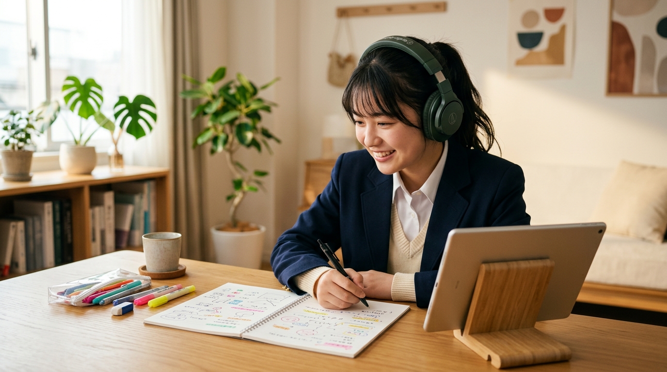 タブレットとヘッドホンを活用して15分の神授業に集中する笑顔の高校生