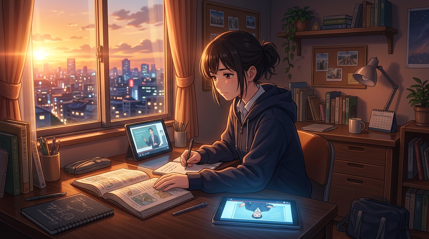 夕暮れ時に自室で真剣に勉強しながら前進する高校生のイメージ