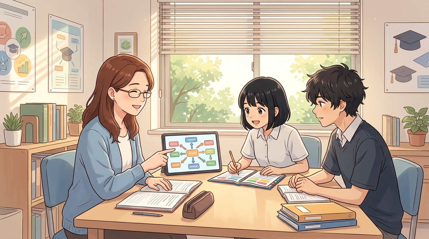 明るい部屋で先生と生徒が一緒に最適な学習コースを選ぶイメージ