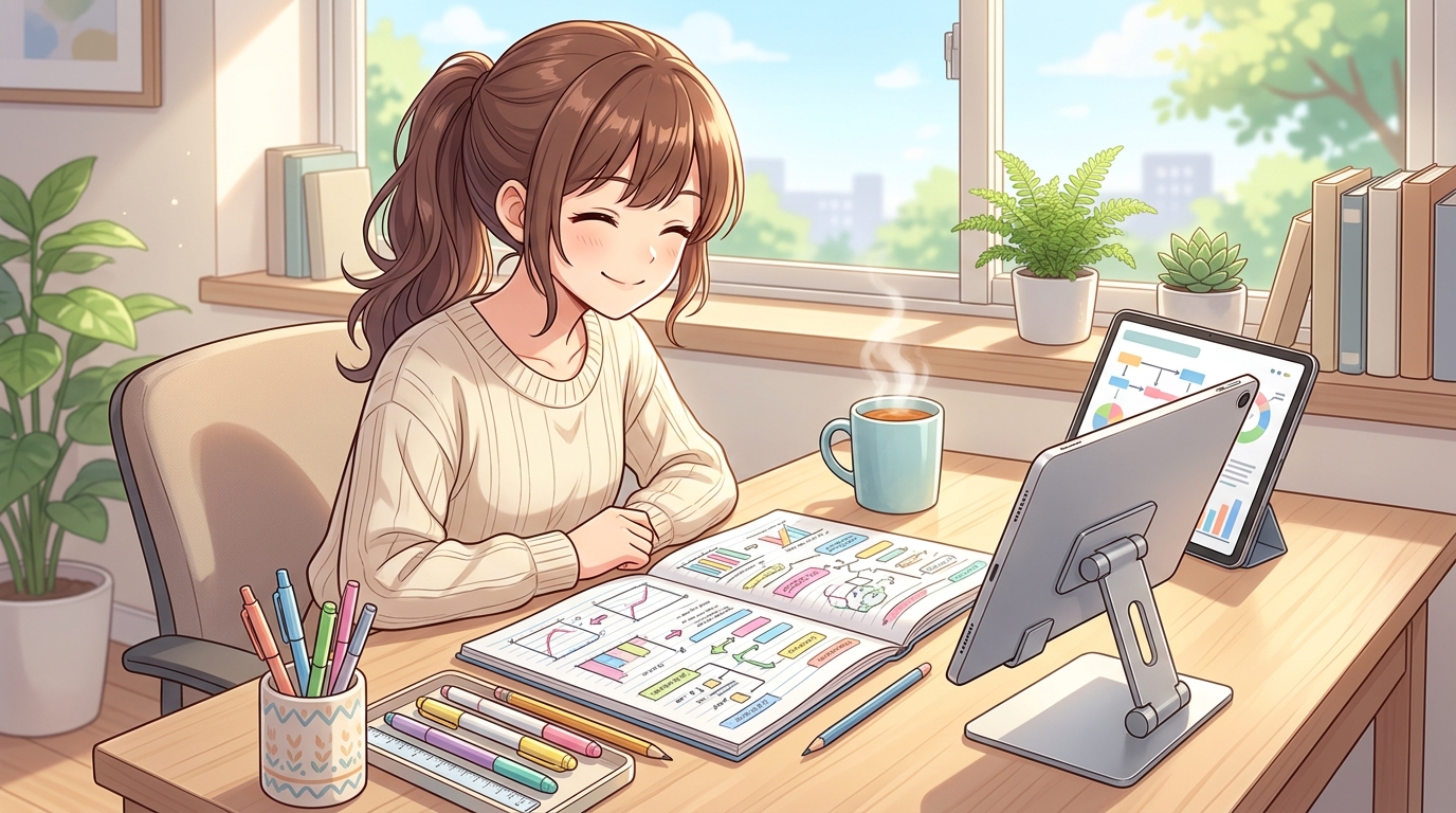 朝の爽やかな光の中ですっきりしたデスクで達成感に満ちた笑顔のイメージ