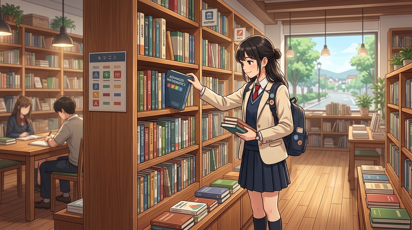 落ち着いた空間で自分に合った講座や参考書をじっくり選ぶイメージ