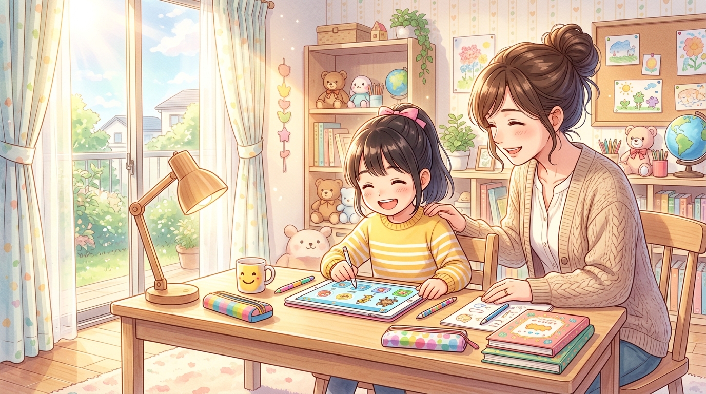 明るい子供部屋でタブレットを使って楽しそうに勉強する小学生とお母さんのイメージ