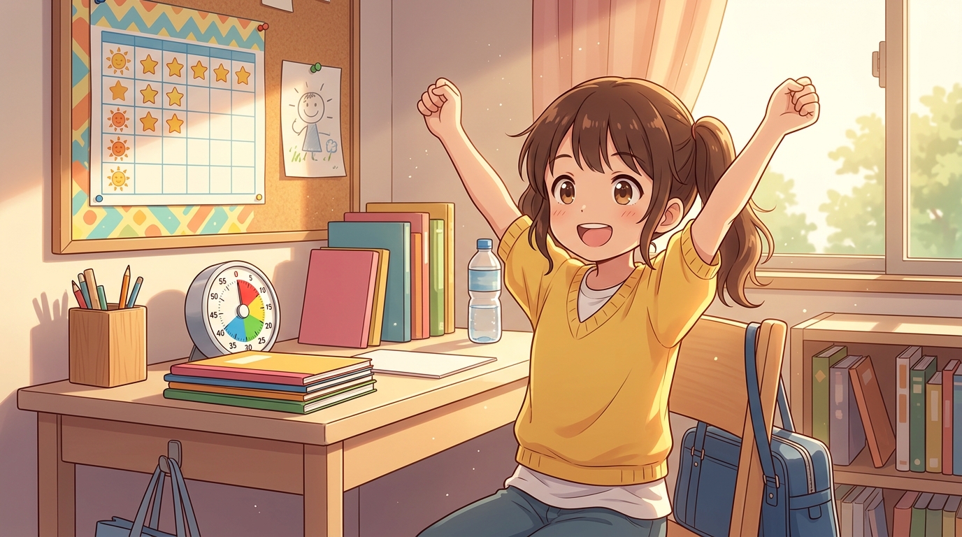 タイマーとシール表の横で自分から勉強を終えて達成感いっぱいの笑顔のイメージ