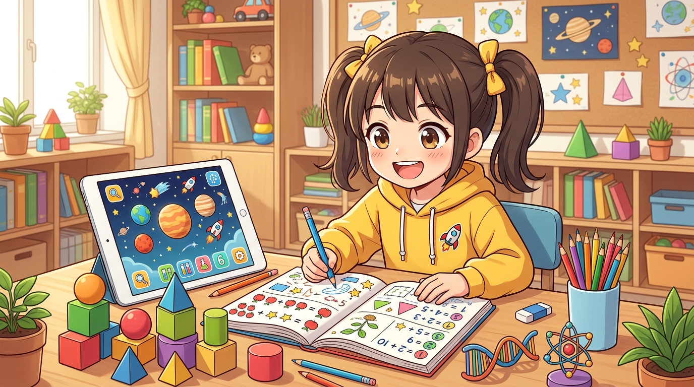 カラフルな学習机で算数や理科をパズルのように楽しむ小学生のイメージ