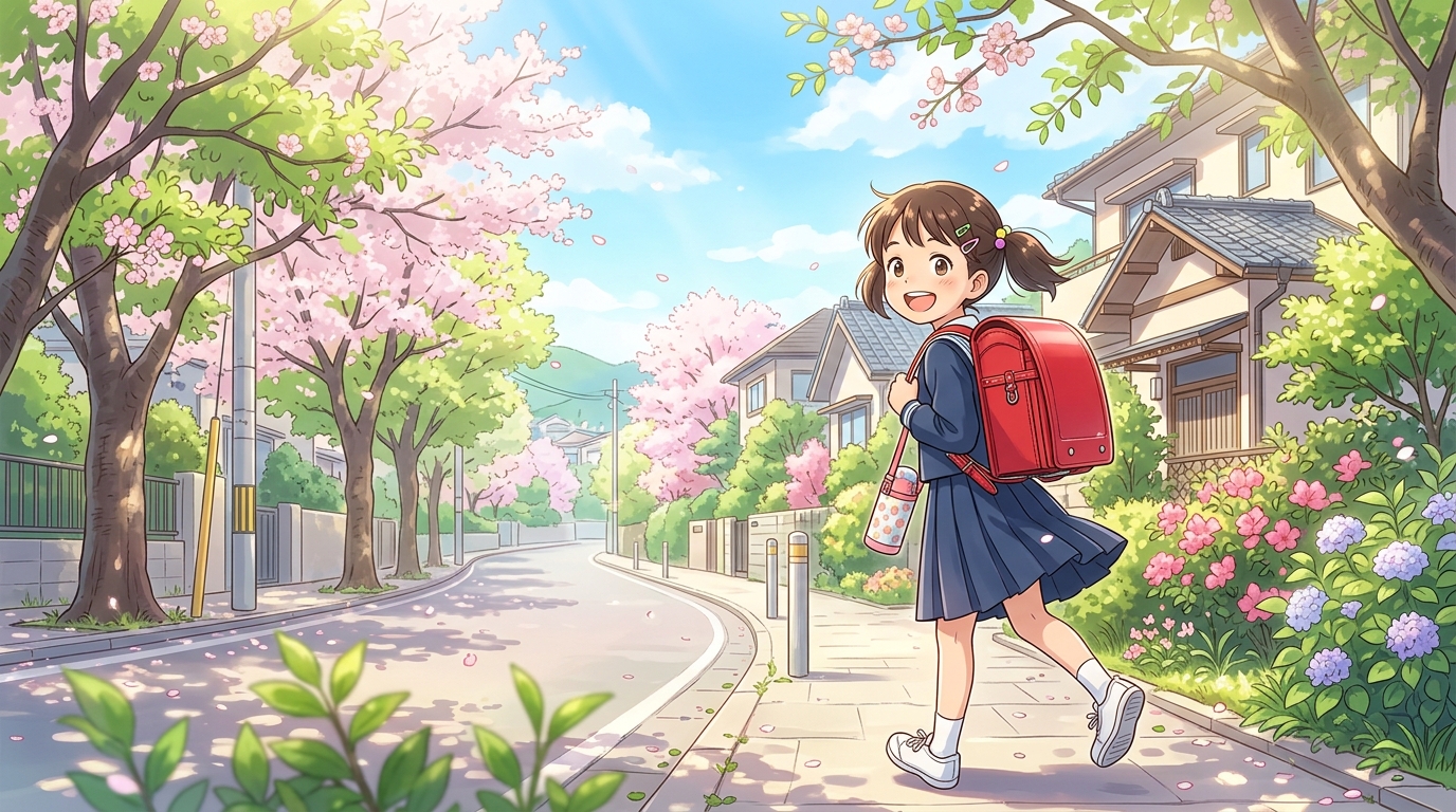 桜並木の通学路をランドセルを背負って元気に進む小学生のイメージ