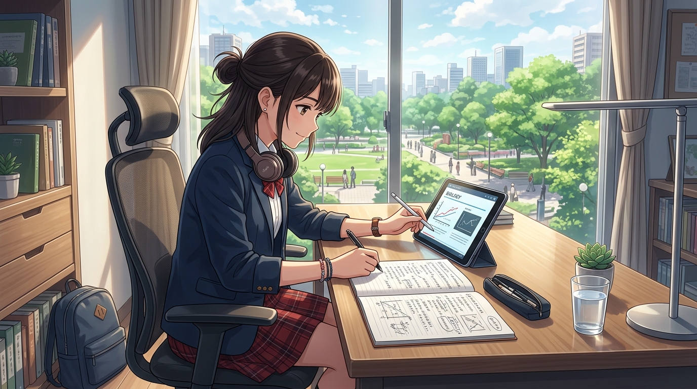 タブレット端末と紙ノートを並べて効率的にハイブリッド学習する女子高校生