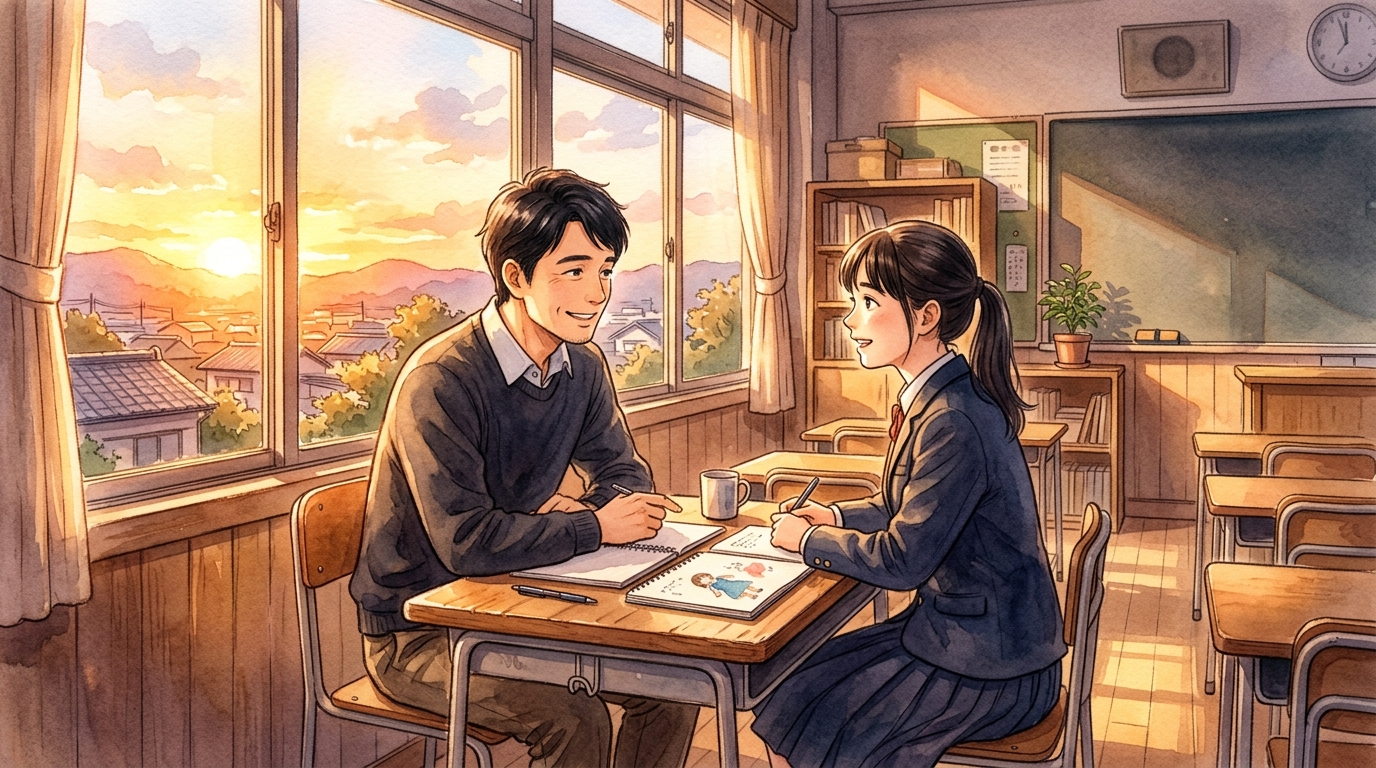 放課後の夕暮れの教室で教員と高校生が文理選択や進路について語り合う温かい情景