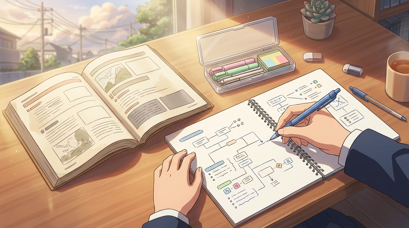 整理された学習机でテキストとノートの要点を一元化する高校生の手元