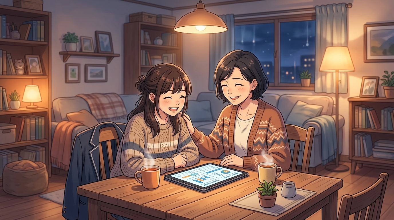 温かいリビングで母と娘が笑顔で大学進学費用について話し合うイメージ